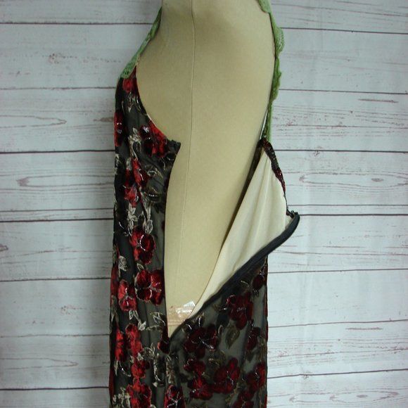 Floral Velvet Burn Out Burgundy Green Lace Dress L - Picture 10 of 16